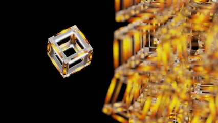 Fototapeta na wymiar Orange illuminated clear cubes under black background. Block chain network technology concept illustration. 3D illustration. 3D CG. 3D high quality rendering. 
