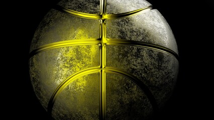 Yellow metallic basketball under black-white lighting background. Concept 3D CG of propaganda for the team, advertisement for the league finals and the fruits of the players' efforts.