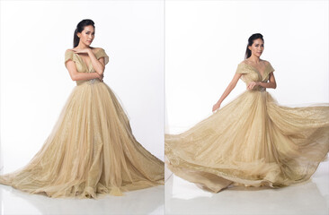 Princess wear Gold glitter Evening Gown ball dress and spin fluttering throw skirt gown around in...
