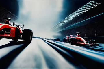 Schilderijen op glas Racer op een racewagen passeert de baan. Motorsport competitieve teamraces. Bewegingsonscherpte achtergrond. 3D render © Viks_jin