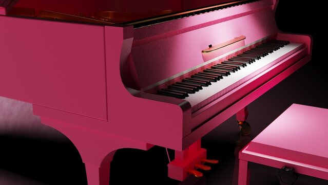 Pure pink-gold Grand Piano under spot lighting background on pink-white surface. 3D illustration. 3D CG. 3D high quality rendering.  