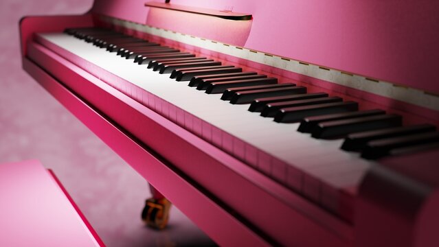 Pure pink-gold Grand Piano under spot lighting background on pink-white surface. 3D illustration. 3D CG. 3D high quality rendering.  