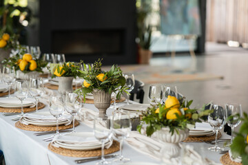 Decorated wedding banquet hall in classic style.