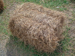 Hay bundle in a rectangular shape on the ground in the field.