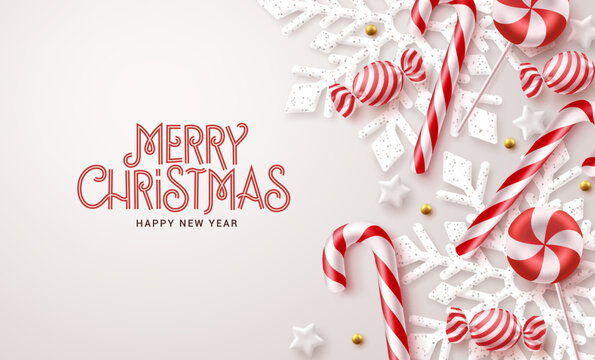 Merry christmas text vector background design. Christmas snowflakes and candy cane xmas elements decoration in white elegant background. Vector Illustration.