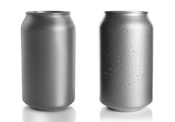 Aluminum drink cans, one with water drops on white background