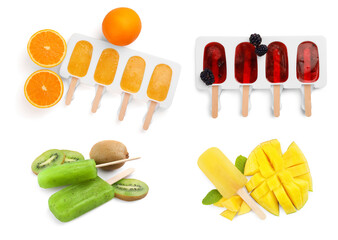Set with tasty berry ice pops on white background