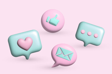 3d social media icons love live heart chat comment 