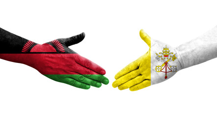 Handshake between Holy See and Malawi flags painted on hands, isolated transparent image.