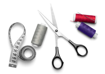Thread scissors textile spools sewing kit tape measure measuring tape - obrazy, fototapety, plakaty