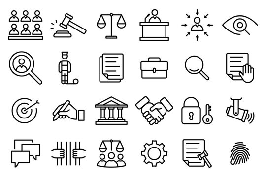 Conjunto de iconos de justicia. Ley, juicio, tribunal, sentencia, audiencia, derecho. Ilustración vectorial