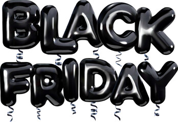 Header - black friday isolated on white background. Glossy black balloons. Realistic 3d style. Vector illustration