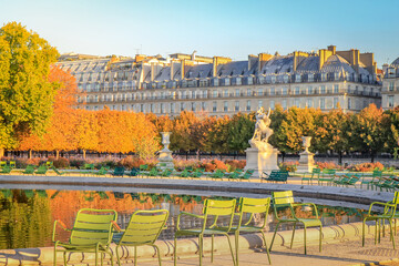 Tuileries gardens relax area at autumn sunrise, Paris, France