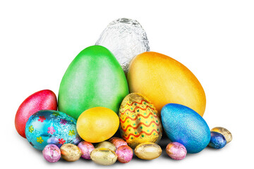 Group of colorful candy Easter eggs wrapped in foil with bow
