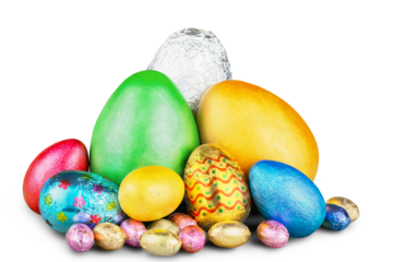 Group of colorful candy Easter eggs wrapped in foil with bow