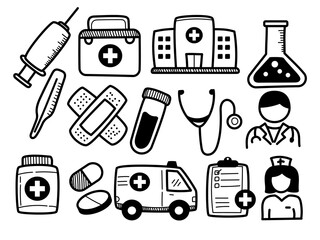 Set of medical elements with hand-drawn style isolated on white background. Medical doodle collection