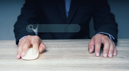 The businessman points to the symbol of Search Engine Optimization SEO Networking Concept.Searching...