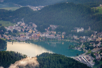 Engadine above Lake of St Moritz cityscape from Muottas Muragl, Switzerland