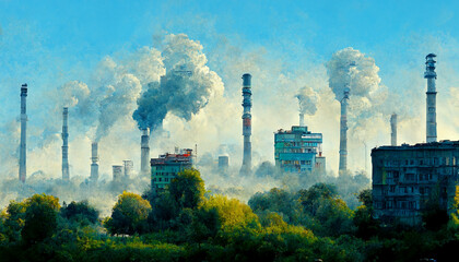Fototapeta na wymiar The City Air Landscape Pollution by Industrial Activity with Smog in the Air and Nature. Environmental and Industrial Issue that Polluted the Planet Earth.