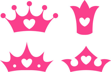 Collection of pink royal crowns flat style icons, princess tiara set vector illustration © annzabella