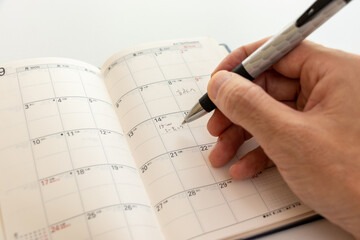 手帳のカレンダーに予定を書き込む - obrazy, fototapety, plakaty