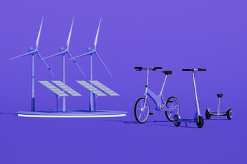 3D render of urban eco transport set. Modern electric bicycle with solar panels, electric scooter, gyroscooter. Modern urban lifestyle on purple background. Eco friendly transportation riders
