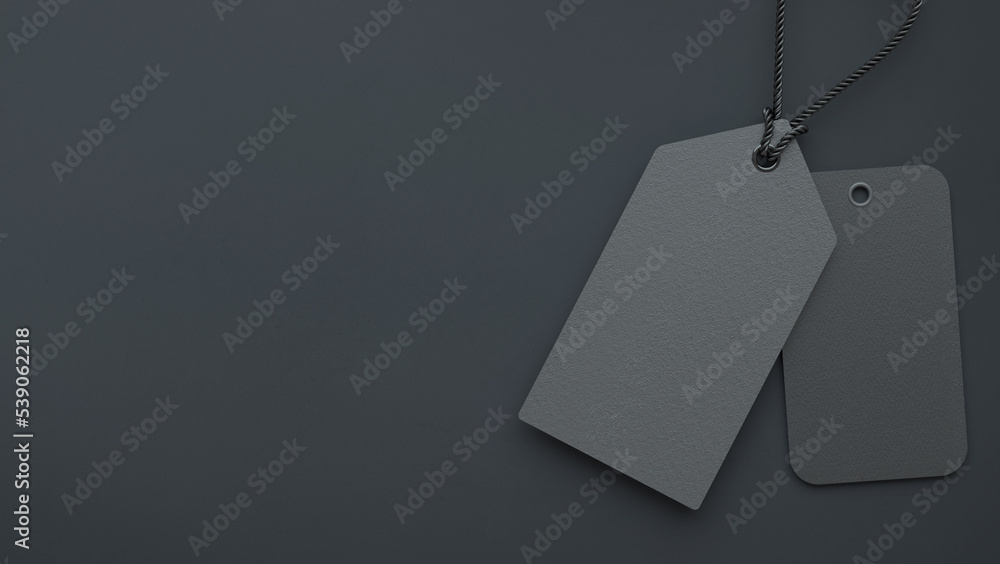 Aufkleber black friday banner background template with two dark tags and copy space in flat lay 3d rendering. 