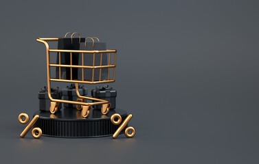 Black Friday banner background with golden cart and gifts on a dark background and copy space in 3D rendering. Promotional marketing discount and online shopping concept © AdriaVidal