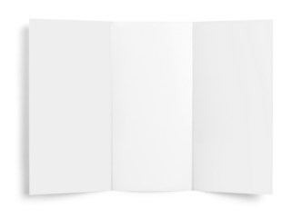 Close up of a blank folded leaflet white paper on white background