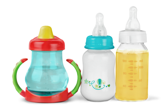 Plastic baby bottles set with water, milk, juice