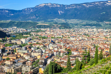Bolzano cityscape and countryside aerial panoramic view, Dolomites , Italy