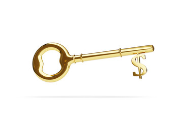 Golden key with the dollar sign isolated on white background. 3d illustration.