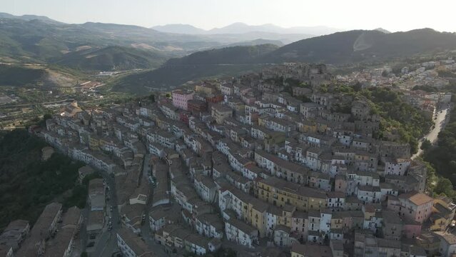 Aerial view of Calitri, a colourful town in Irpinia, Avellino, Italy.