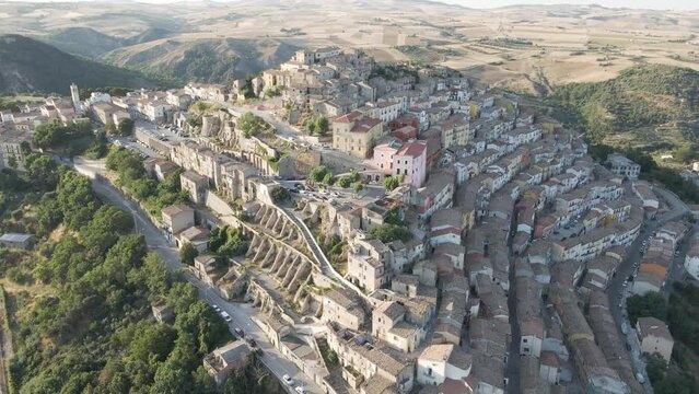 Aerial view of Calitri, a colourful town in Irpinia, Avellino, Italy.
