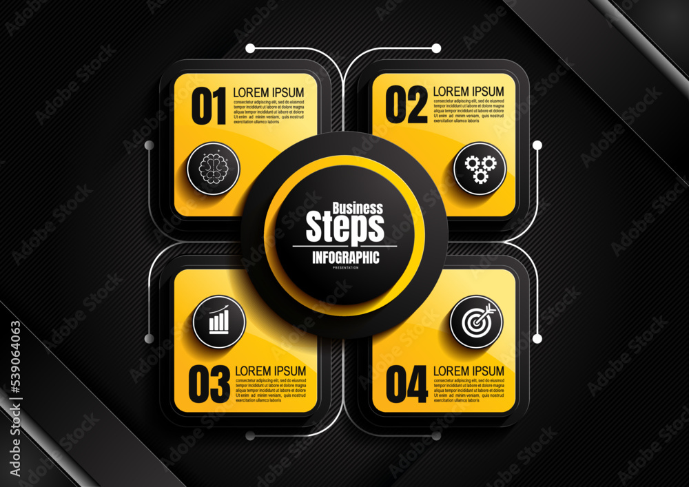 Wall mural infographics design, circle and square 4 process chart diagram template for presentation workflow, a