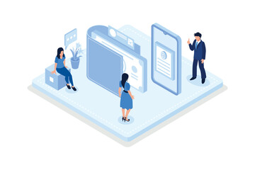 Characters in online internet banking transfer electronic funds from bank to bank. Sending and receiving money concept, isometric vector modern illustration
