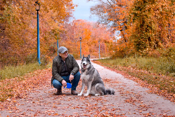 Naklejka na ściany i meble Portrait of man with husky dog in a park