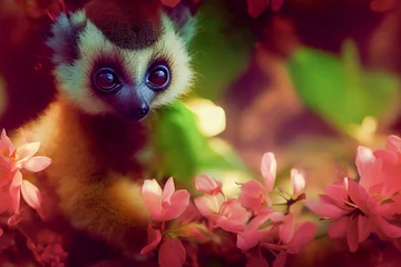 Nahtloses Muster mit Lemur. Süßer Lemur, der auf einem Ast im tropischen Wald sitzt. Design von Stoffen, Papier, Tapeten und Notizbuchhüllen. Tierwelt. 3D-Rendering © Viks_jin