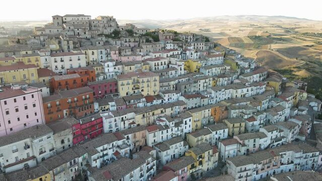 Aerial view of Calitri, a colourful town in Irpinia, Avellino, Italy.