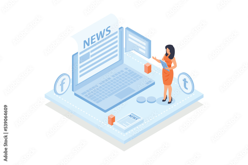 Poster conceptual template with person sitting in front of laptop computer and reading newspaper on screen.