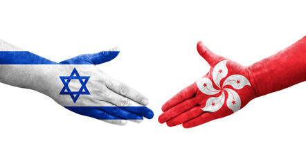 Handshake between Hong Kong and Israel flags painted on hands, isolated transparent image.