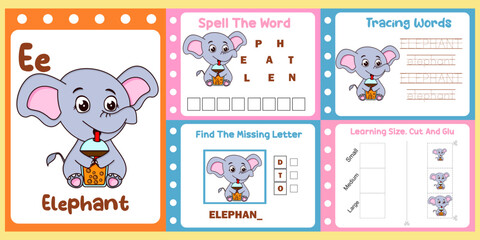 worksheets pack for kids with elephant vector. children's study book