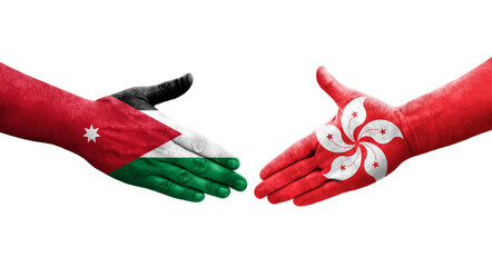 Handshake between Hong Kong and Jordan flags painted on hands, isolated transparent image.