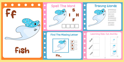 worksheets pack for kids with fish vector. children's study book