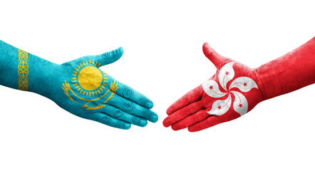 Handshake between Hong Kong and Kazakhstan flags painted on hands, isolated transparent image.