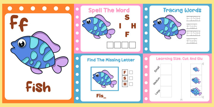 worksheets pack for kids with fish vector. children's study book