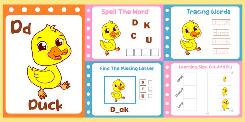 worksheets pack for kids with duck vector. children's study book