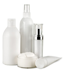 Set of cosmetic products in white containers isolated