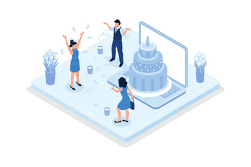 People celebrating birthday party, Characters standing near birthday cake, isometric vector modern illustration