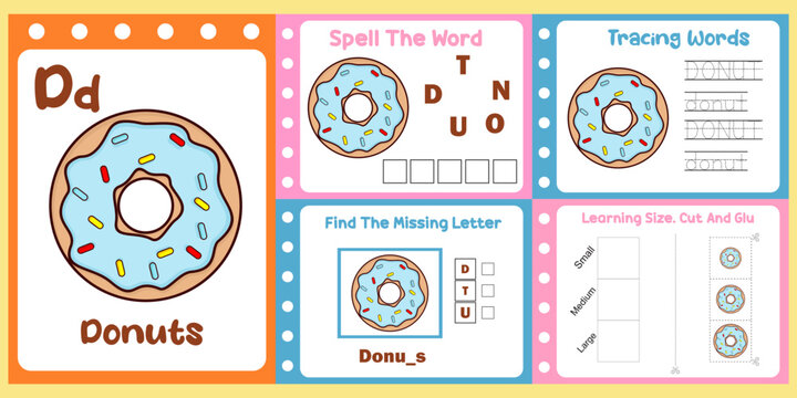 worksheets pack for kids with donuts vector. children's study book